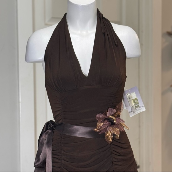 Vintage Jessica McClintock Deadstock Brown Halter Wide Leg Satin Belt Jumpsuit - Picture 4 of 15